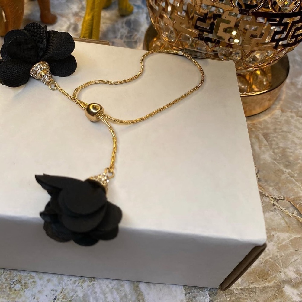 Vintage Fabric Flower Gold Black Bracelet